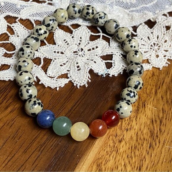 DALMATIAN JASPER & 🌈 8mm crystal bracelet handmade by Schwally - Picture 1 of 1